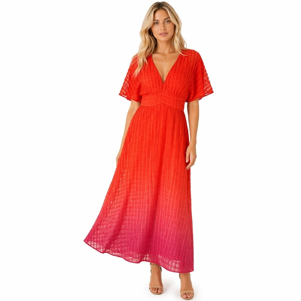 Lela Rose Poppy Flutter Sleeve Dress 6 Red Orange Pink Ombre Midi Maxi $1890 NWT